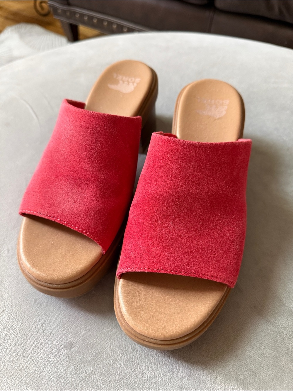 Sorel Red Suede Slide Mules with Tan Footbed